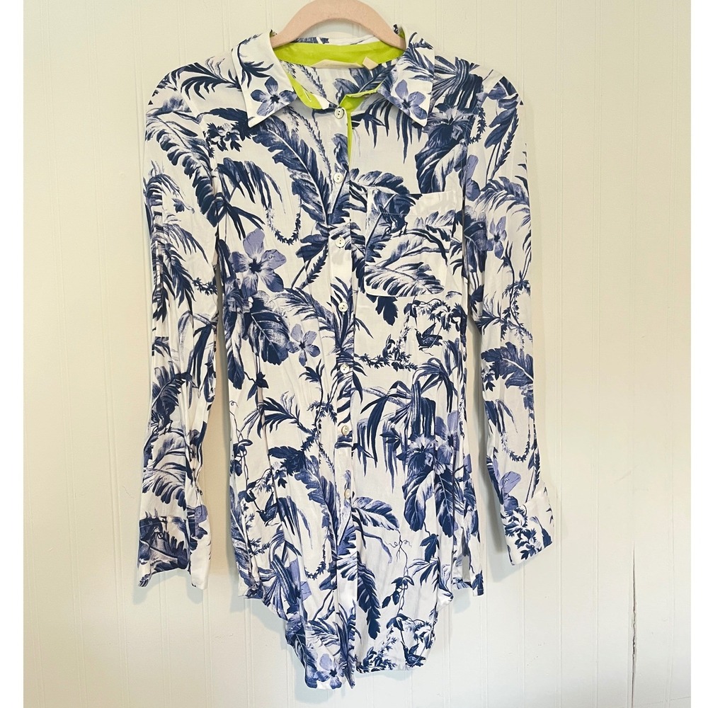 Soft Surroundings Top XS Blue Tropical Palm Print Rayon Tunic Shirt Long Sleeve